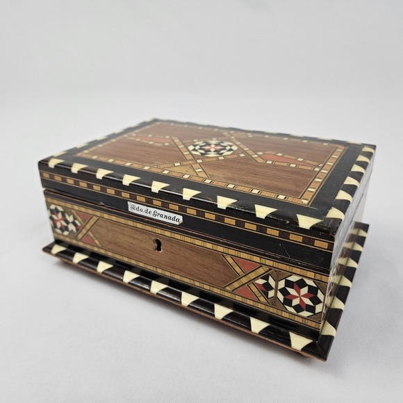 Other - Spanish Marquetry Laquered Jewelry Box Musical Mosaic Vintage Mid-Century